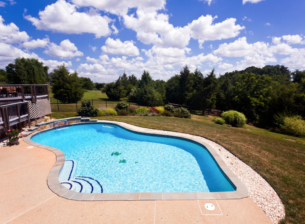 Freeform in-ground backyard swimming pool with light-colored concrete patio, curved entry steps, and landscaped yard under a blue sky.