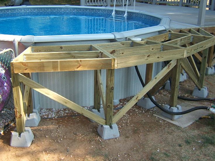 Wood framing supports built alongside an above-ground pool, set on concrete pier blocks.