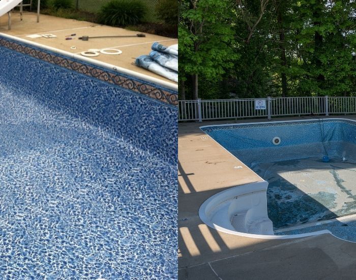 Split image showing a blue patterned vinyl pool liner close-up and an in-ground pool with the liner exposed and water partially drained during service.