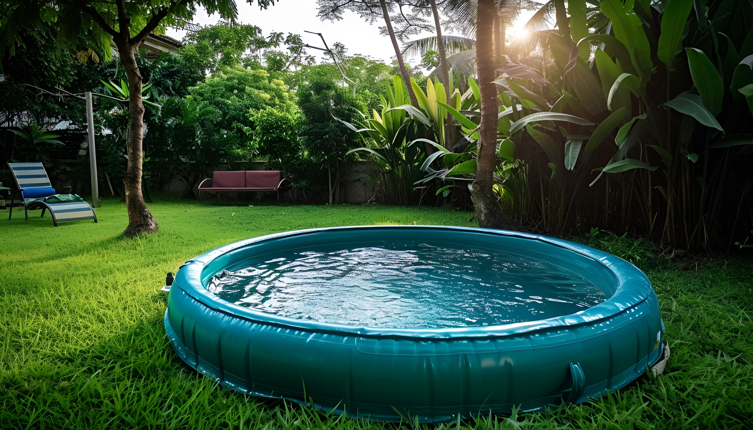 Above ground swimming pool on grass in backyard
