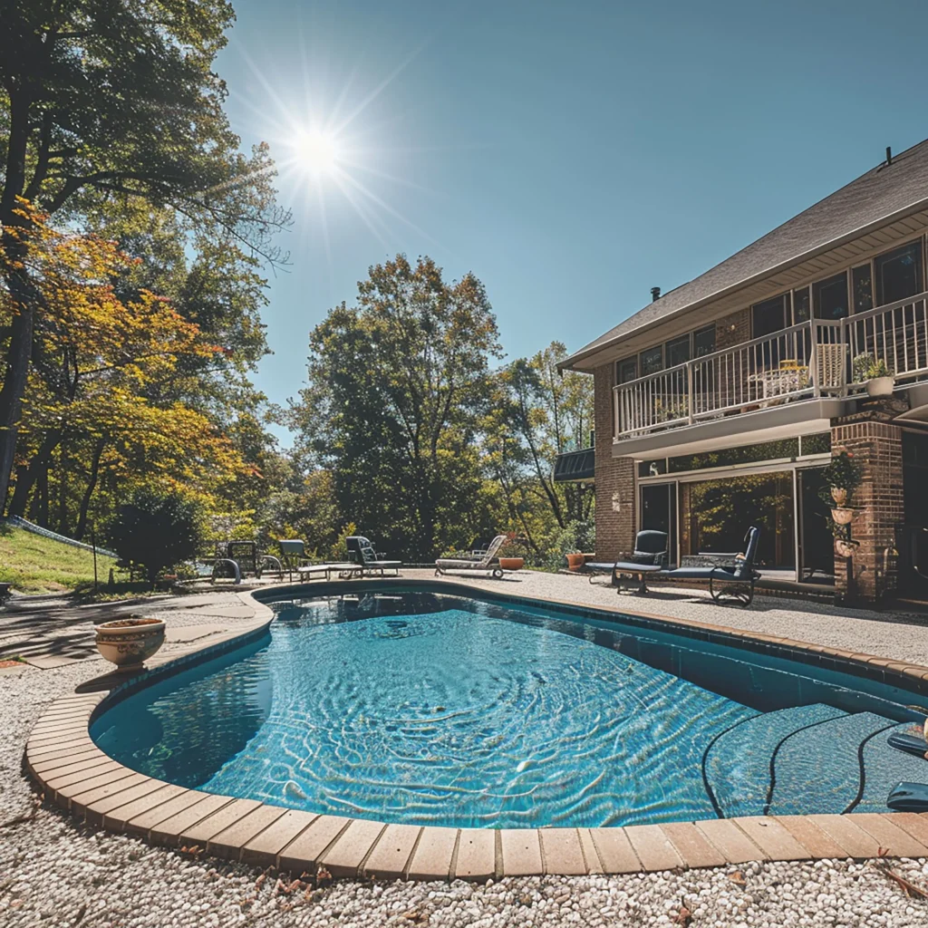 In-ground backyard swimming pool with curved tan coping and clear blue water beside a brick home and patio seating on a sunny day.