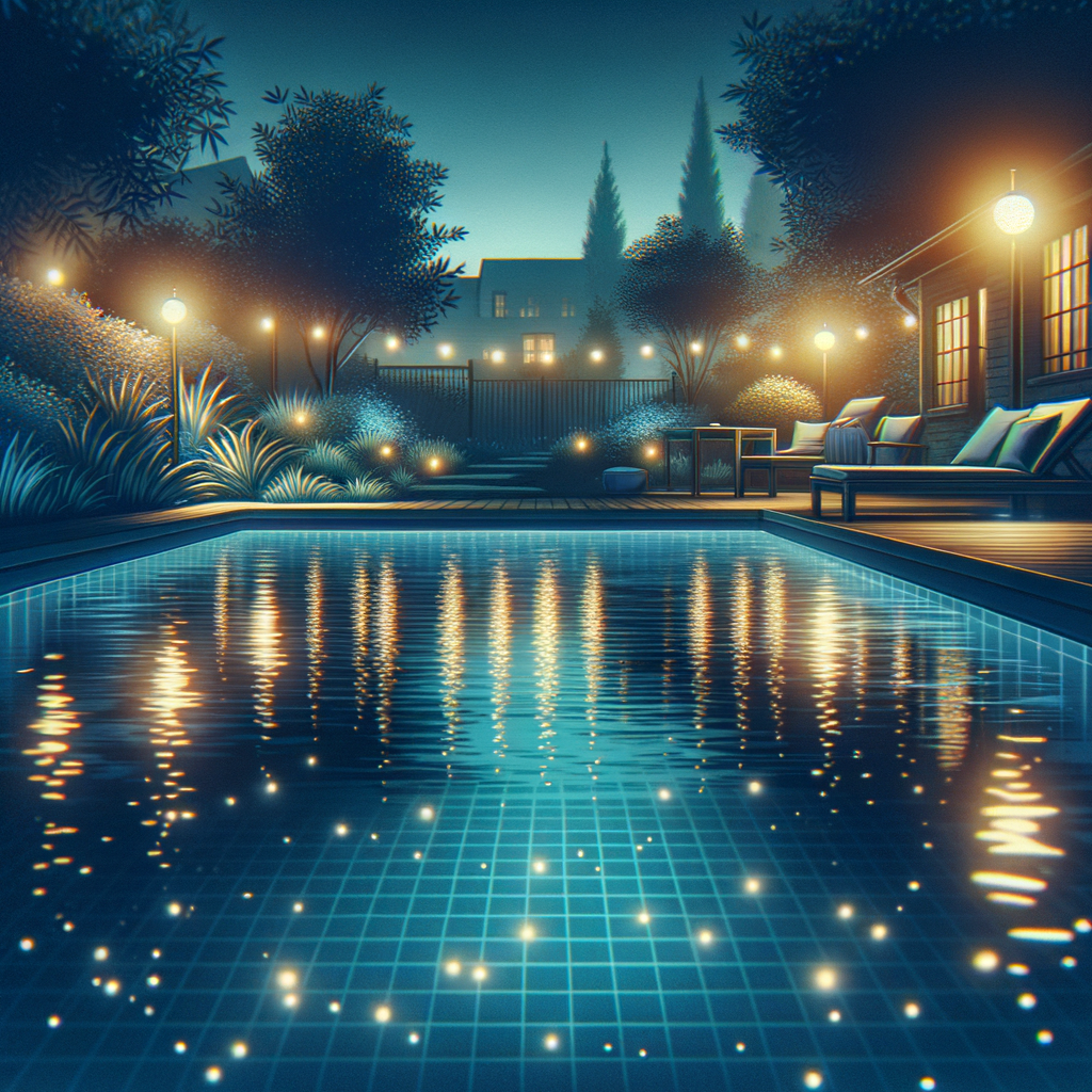 Twilight pool lights, quiet splashes, liner smooth as glass